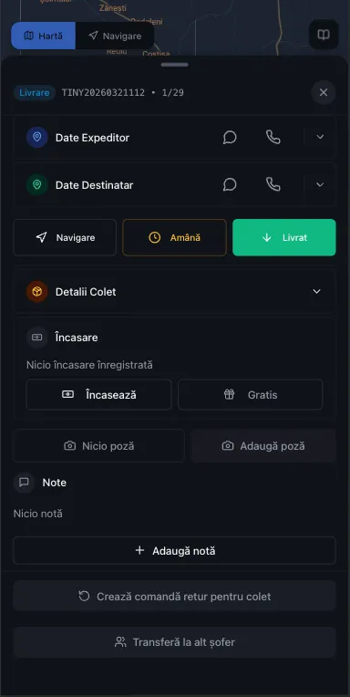 Aplicație șofer curierat iOS Android — navigare, detalii colet, încasare și confirmare livrare