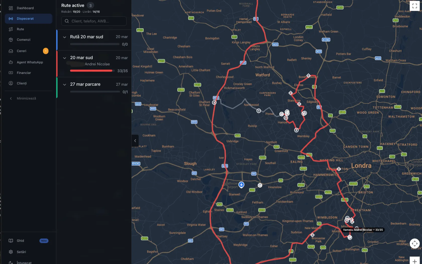 Hartă live dispecerat software curierat — rute internaționale România UK cu opriri și șoferi în timp real