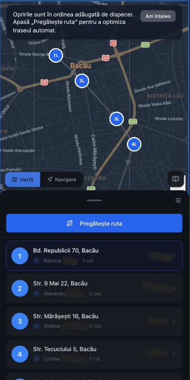 Optimizare rute curierat — pregătire rută cu opriri optimizate pe hartă