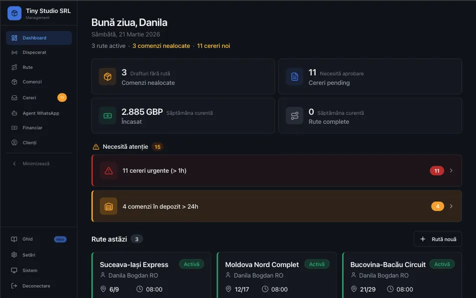 Software curierat România — panou principal cu comenzi active, rute și statistici în timp real