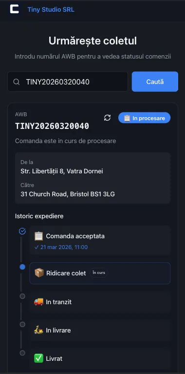Tracking colet cu brandul firmei tale — pagină urmărire comandă cu status live și AWB
