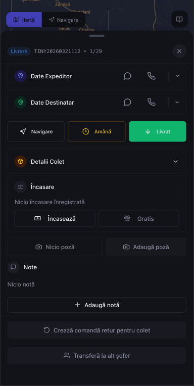 Aplicație șofer curierat — detalii comandă și navigare