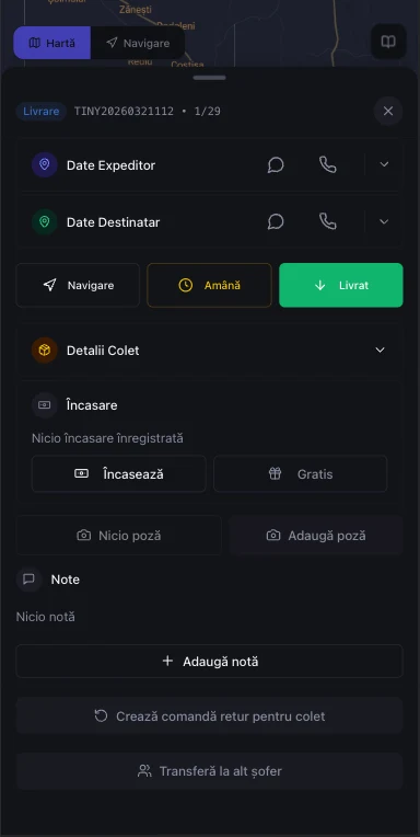 Aplicație șofer curierat — detalii comandă și navigare