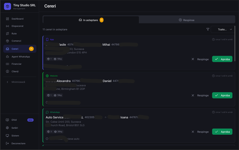 Cereri de aprobat — comenzi din website, aplicație clienți și API