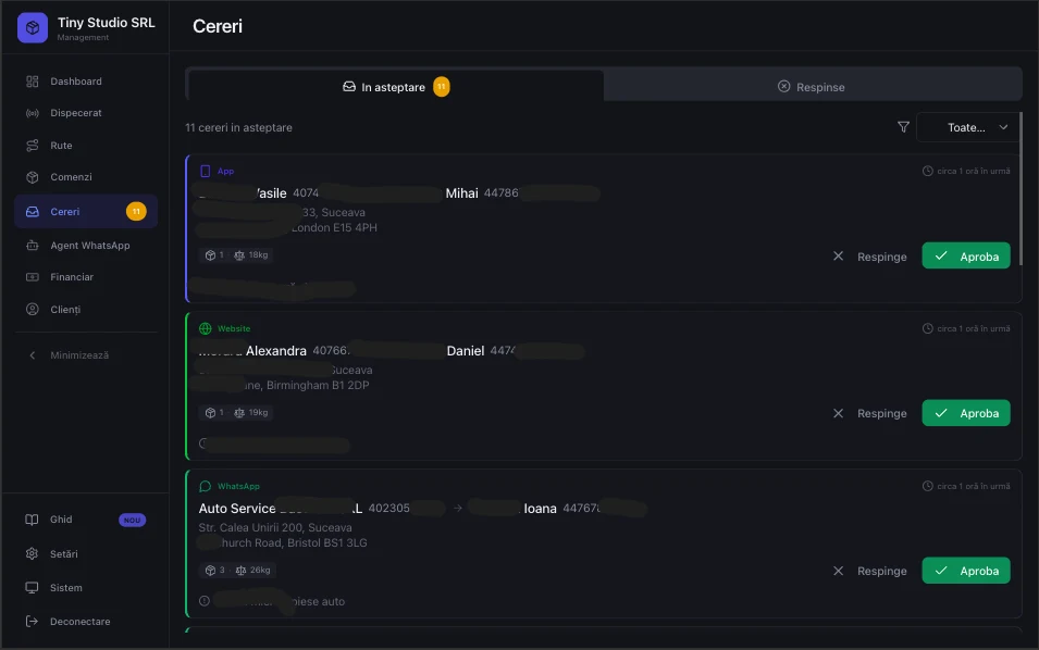 Cereri de aprobat — comenzi din website, aplicație clienți și API