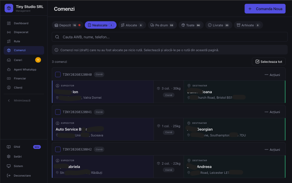 Pagina comenzi software curierat — listă comenzi cu filtre și statusuri