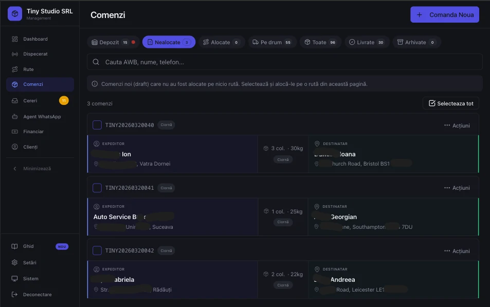 Pagina comenzi software curierat — listă comenzi cu filtre și statusuri