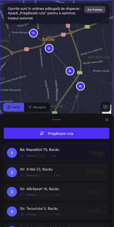 Pregătire rută șofer cu opriri pe hartă