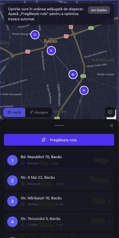 Pregătire rută șofer cu opriri pe hartă