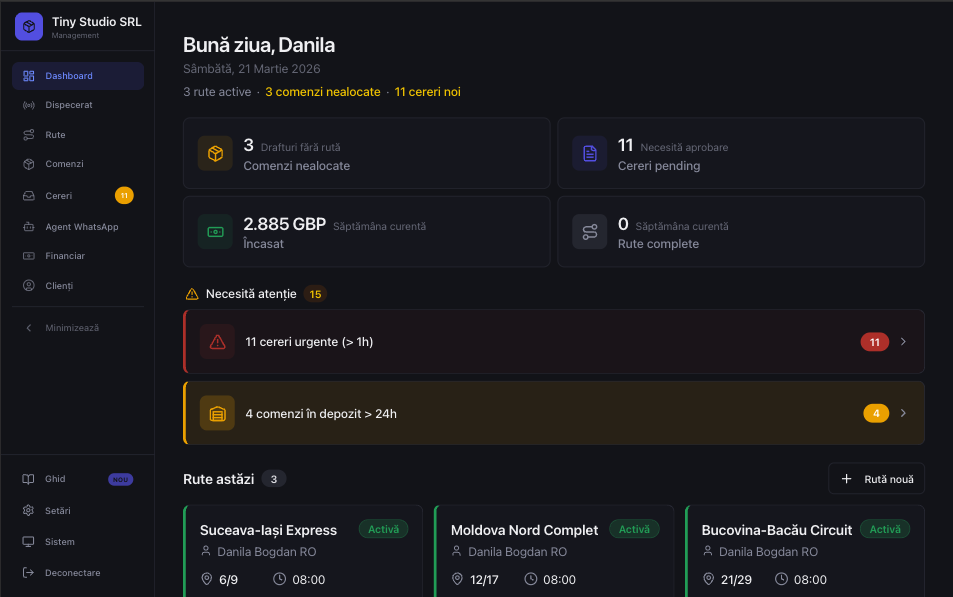 Panou principal software curierat — comenzi active, rute și statistici